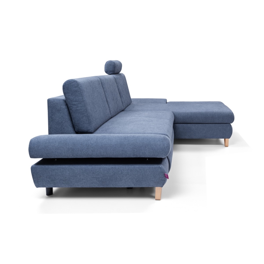 Разтегателен ъглов тапициран диван AVESTA, L-образен, с ракла, десен, син