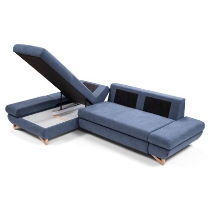 Разтегателен ъглов тапициран диван AVESTA в L форма със ракла за съхранение, ляв, син