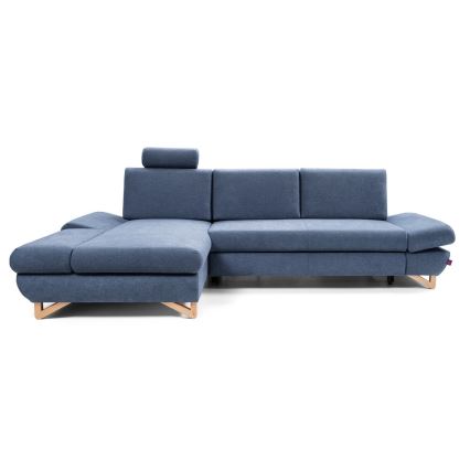 Разтегателен ъглов тапициран диван AVESTA в L форма със ракла за съхранение, ляв, син