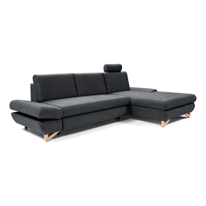 Разтегателен ъглов тапициран диван с място за съхранение в L AVESTA, десен, антрацит
