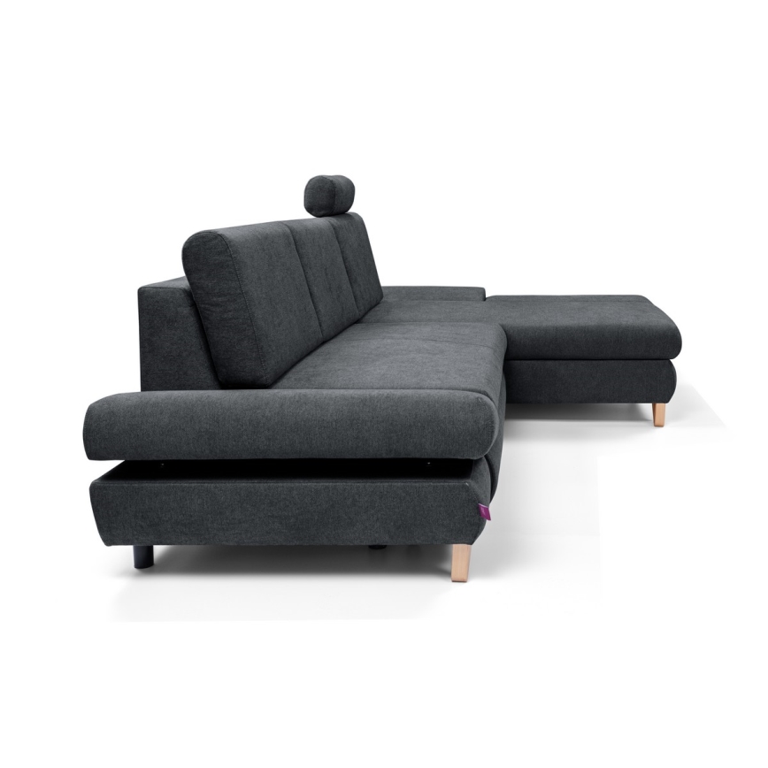 Разтегателен ъглов тапициран диван с място за съхранение в L AVESTA, десен, антрацит