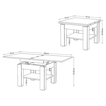 Разтегателна холна маса с повдигащ плот CALEB 75/150x75 см бяла