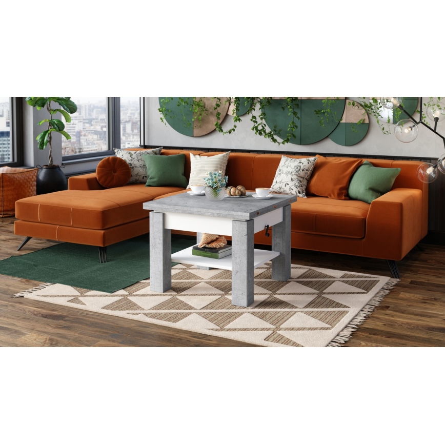 Разтегателна холна/трапезна маса с повдигащ плот CALEB бетонено сива/бяла