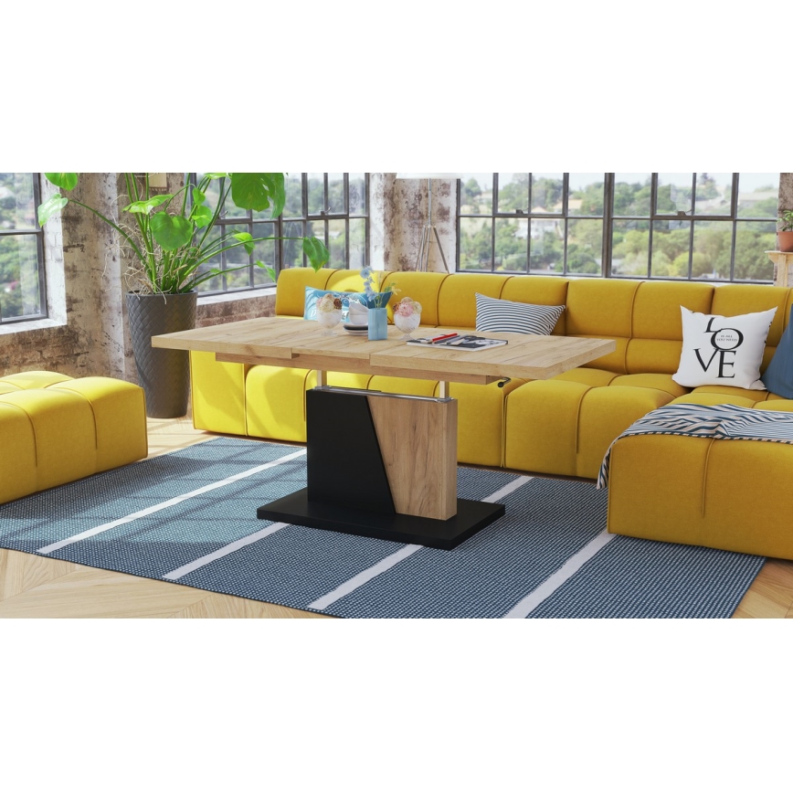 Разтегателна холна/трапезна маса с повдигащ плот NINO дъб крафт/черен