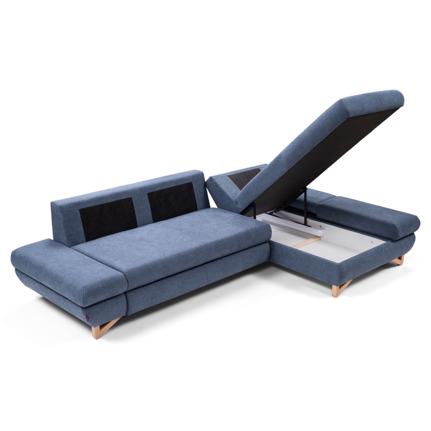 Разтегателен тапициран ъглов диван в L форма AVESTA с място за съхранение, десен, син