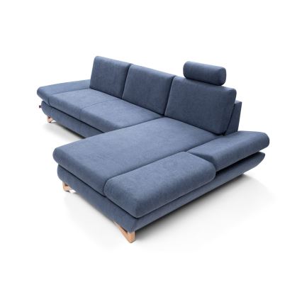 Разтегателен тапициран ъглов диван в L форма AVESTA с място за съхранение, десен, син