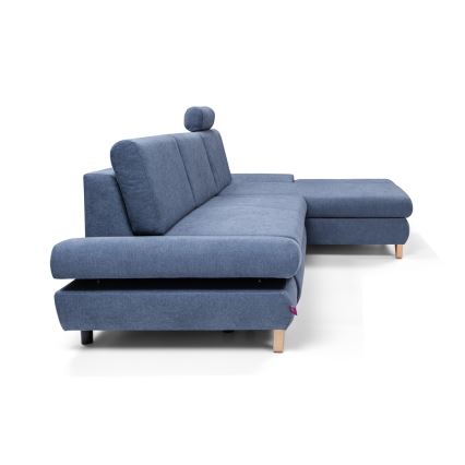 Разтегателен тапициран ъглов диван в L форма AVESTA с място за съхранение, десен, син