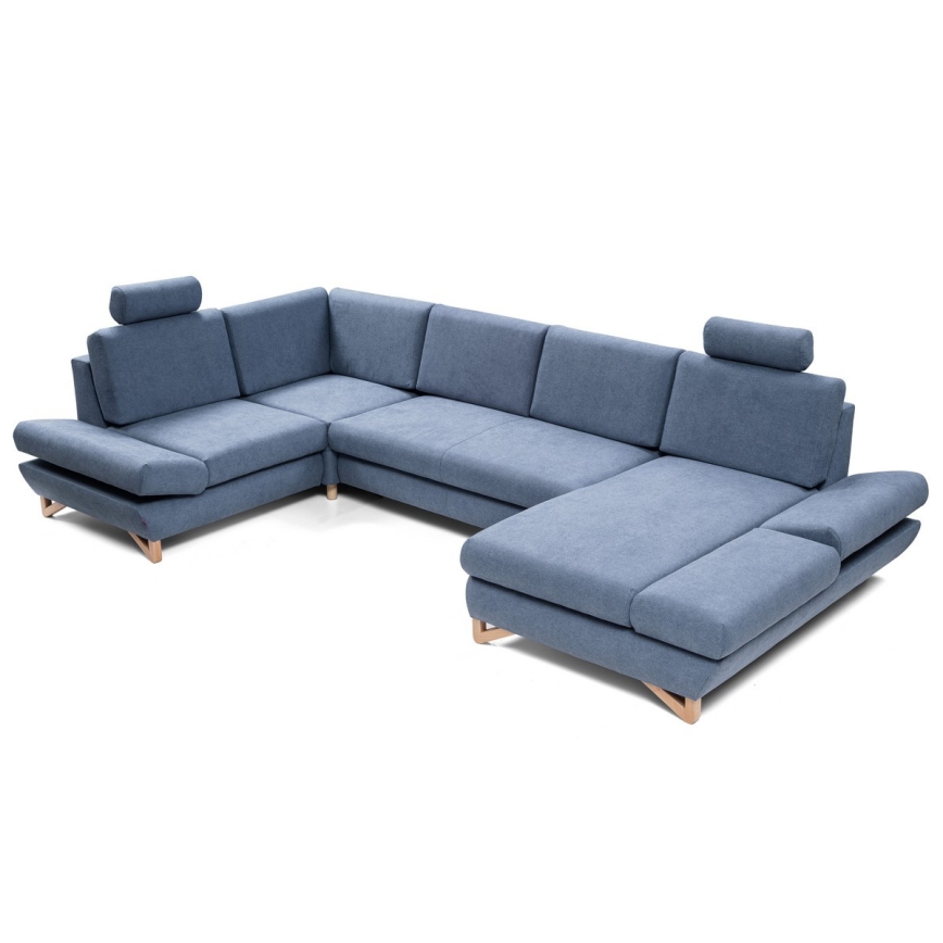 Разтегателна ъглова тапицирана холова гарнитура AVESTA, U-образна, синя, с вградено място за съхранение