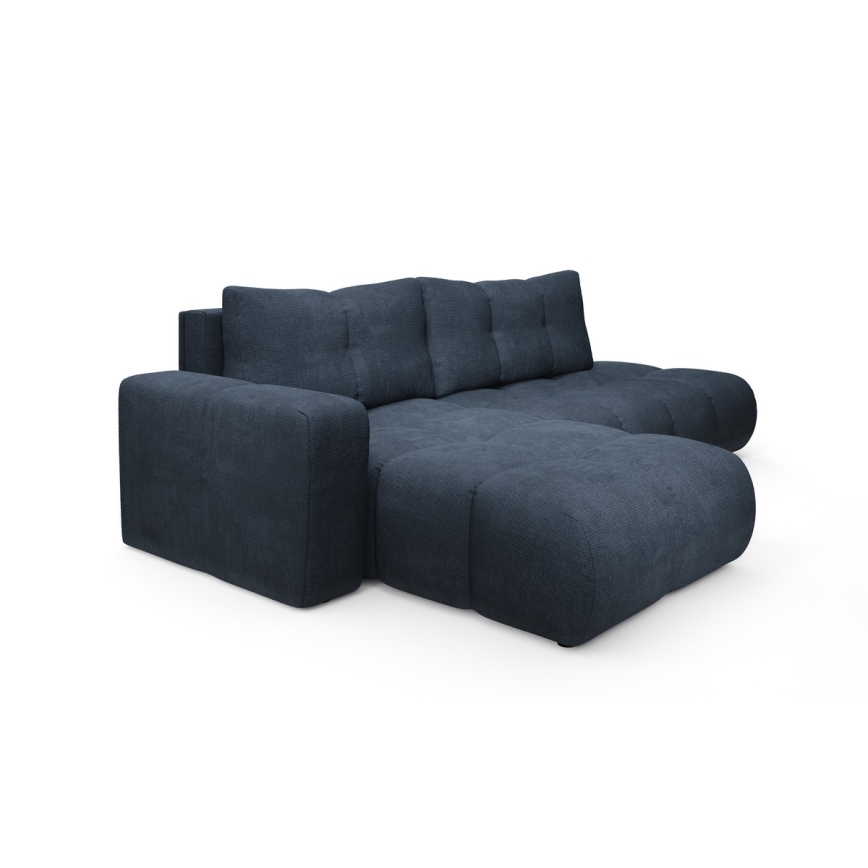 L-образен тапициран ъглов диван с разтегателна функция и място за съхранение ALMADA, ляв, син