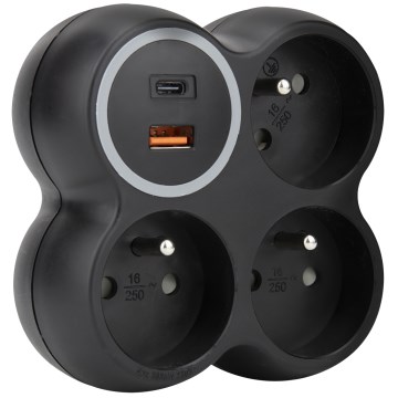 Разклонител 3x 15A с USB A+C, черен