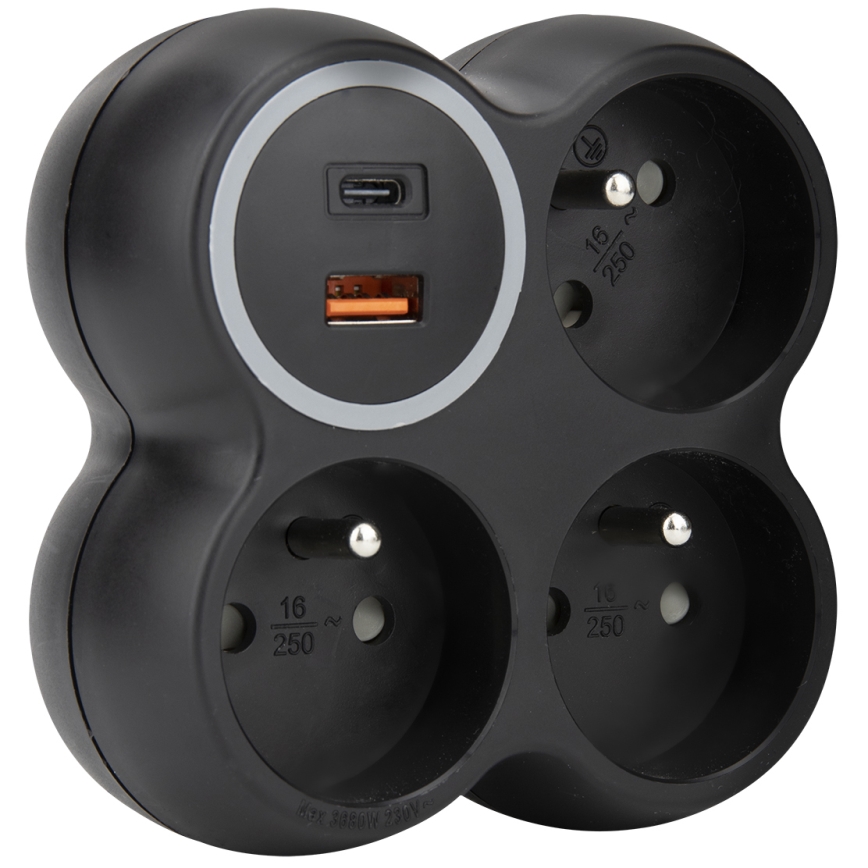 Разклонител 3x 15A с USB A+C, черен