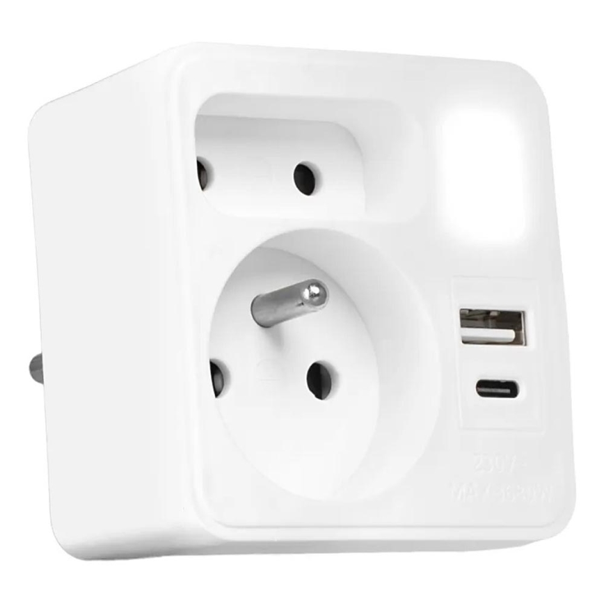 Разклонител с 2 гнезда + USB-C + USB-A с LED осветление LED/0,5W/230V 3000K