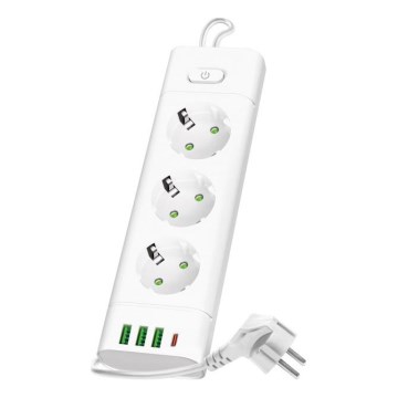 Разклонител с изключвател LINEA PRO 3x230V + 3xUSB-A + 1xUSB-C SCHUKO 3 м бел
