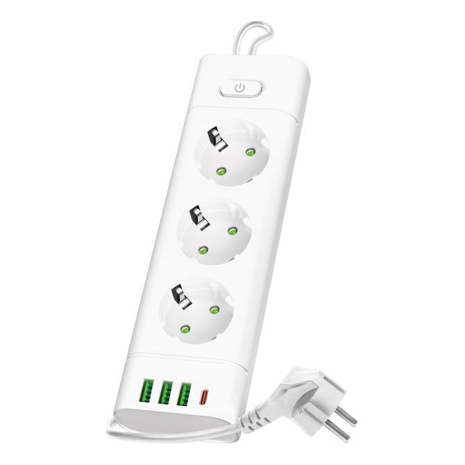 Разклонител с изключвател LINEA PRO 3x230V + 3xUSB-A + 1xUSB-C SCHUKO 3 м бел