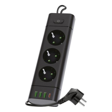 Разклонител с изключвател LINEA PRO 3x230V + 3xUSB-A + 1xUSB-C SCHUKO 3 м черен