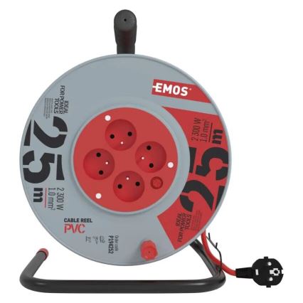 Разклонител с макара с 4 контакта 25m сив/червен