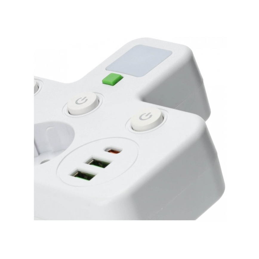 Разклонител с ключ и LED осветление LINEA PRO, 2 SCHUKO гнезда + 3x USB A/C, 4000K, бял