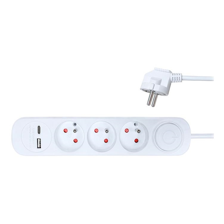 Разклонител с превключвател 3Z + 2xUSB 2м бял