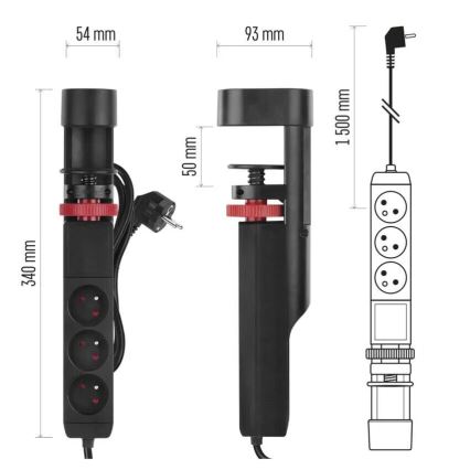 Разклонител с прикачване към маса 3Z + 3xUSB 1,5m черен