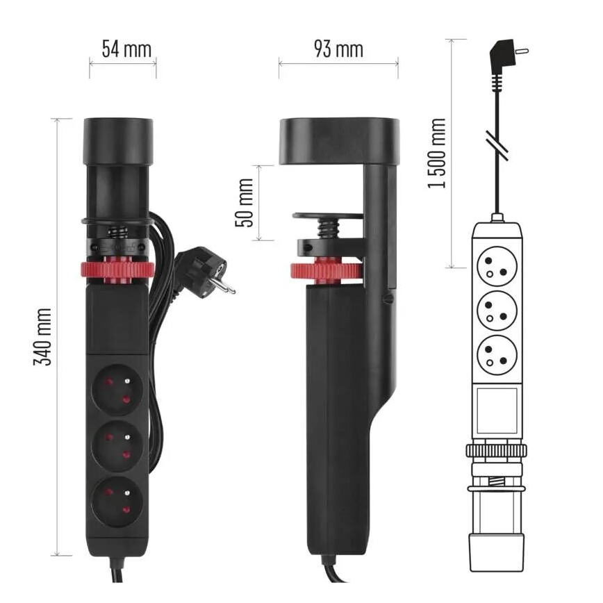 Разклонител с прикачване към маса 3Z + 3xUSB 1,5m черен