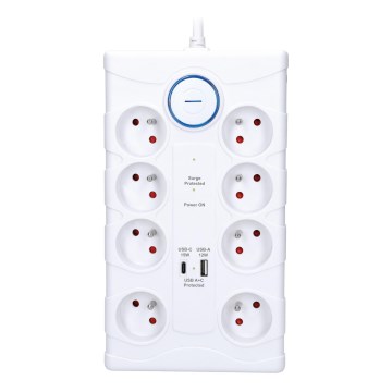 Разклонител с ключ и защита от пренапрежение, 8 гнезда, Тип E + 1xUSB-A + 1xUSB-C 2m бял