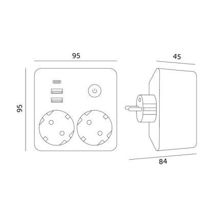 Разклонител с ключ LINEA 2x230 V + 3x USB A/C SCHUKO, черен