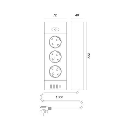 Разклонител с ключ LINEA PRO 3x230V+ 3xUSB-A + 1xUSB-C SCHUKO 1,5 m бял