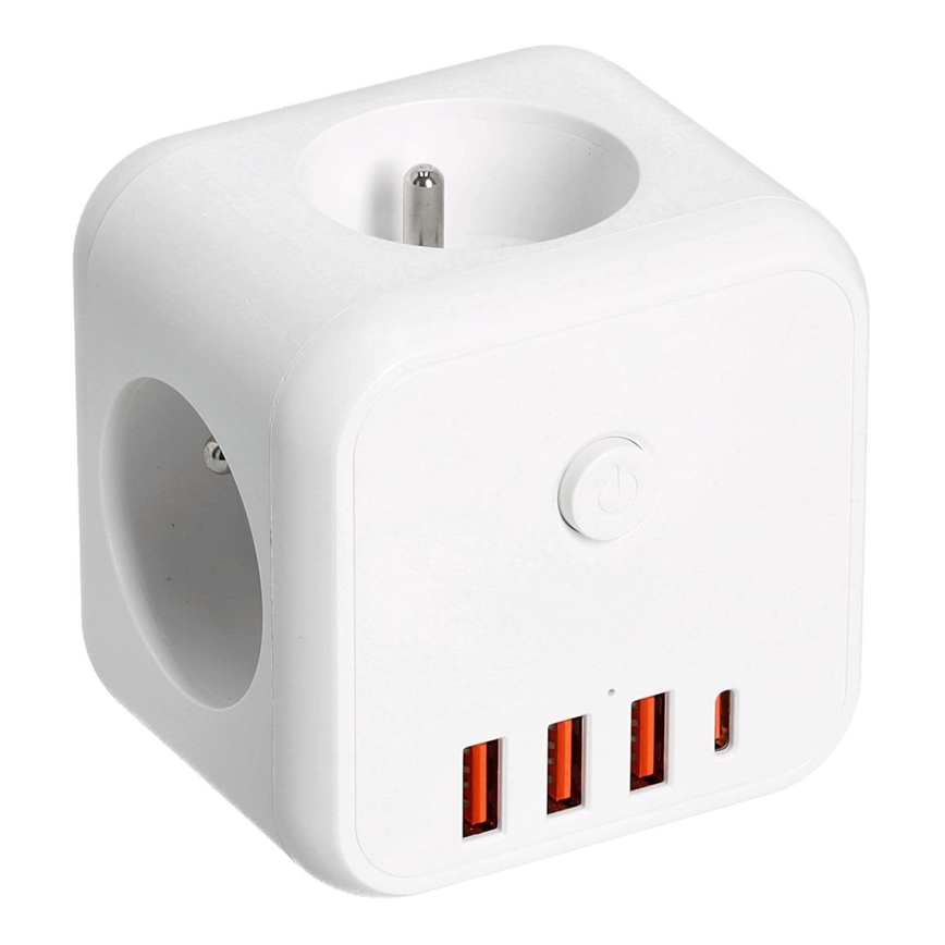 Разклонител за контакти с превключвател LINEA 3x230V + 4xUSB A/C бял