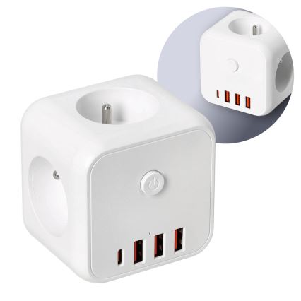 Разклонител за контакти с превключвател LINEA 3x230V + 4xUSB A/C бял