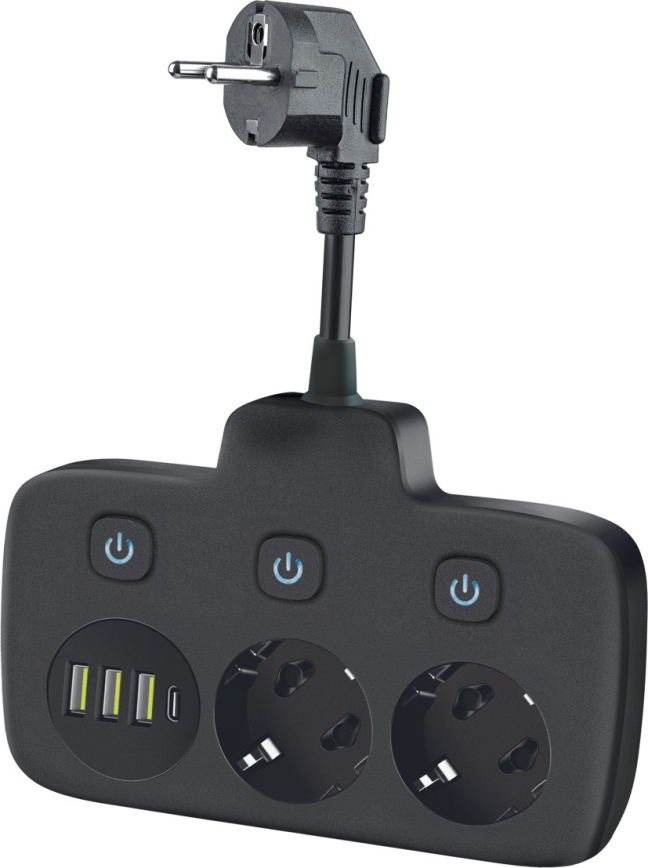 Разклонител за контакти с превключвател LINEA 2x230V + 4xUSB A/C SCHUKO черен