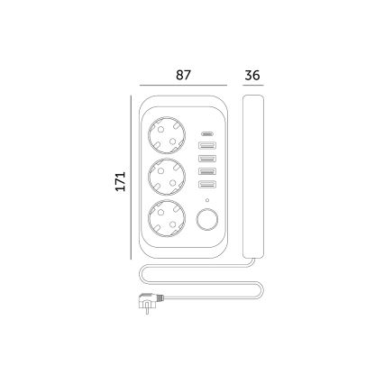 Разклонител за контакти с превключвател LINEA 3x230V + 5xUSB A/C SCHUKO 3 m бял