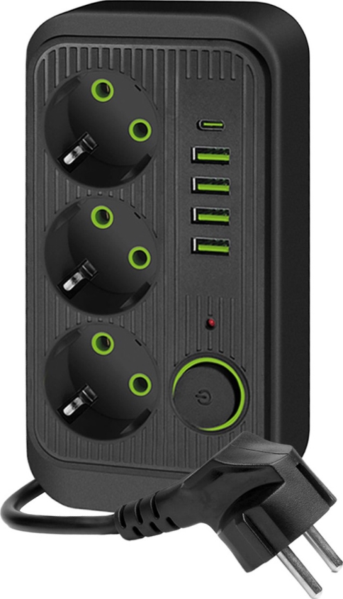 Разклонител за контакти с превключвател LINEA 3x230V + 5xUSB A/C SCHUKO 3 m черен