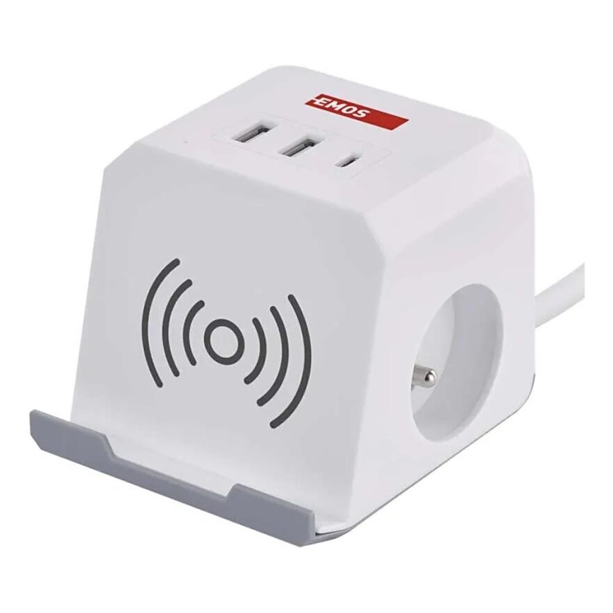 Разклонител куб с безжично зареждане QI 2Z +2xUSB-A+1xUSB-C 2 м бял