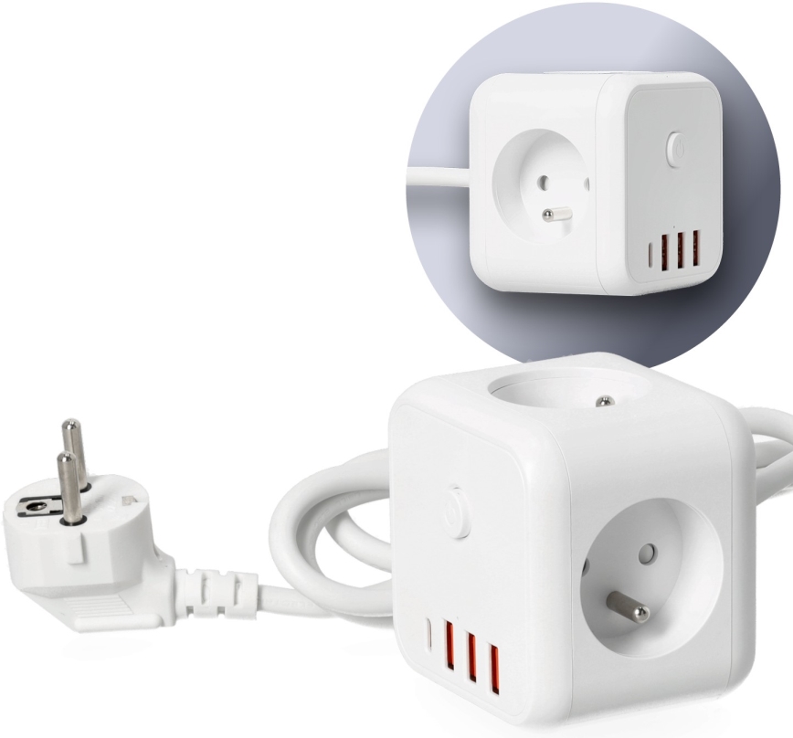 Разклонител куб с превключвател LINEA 3x230V + 4xUSB A/C бял