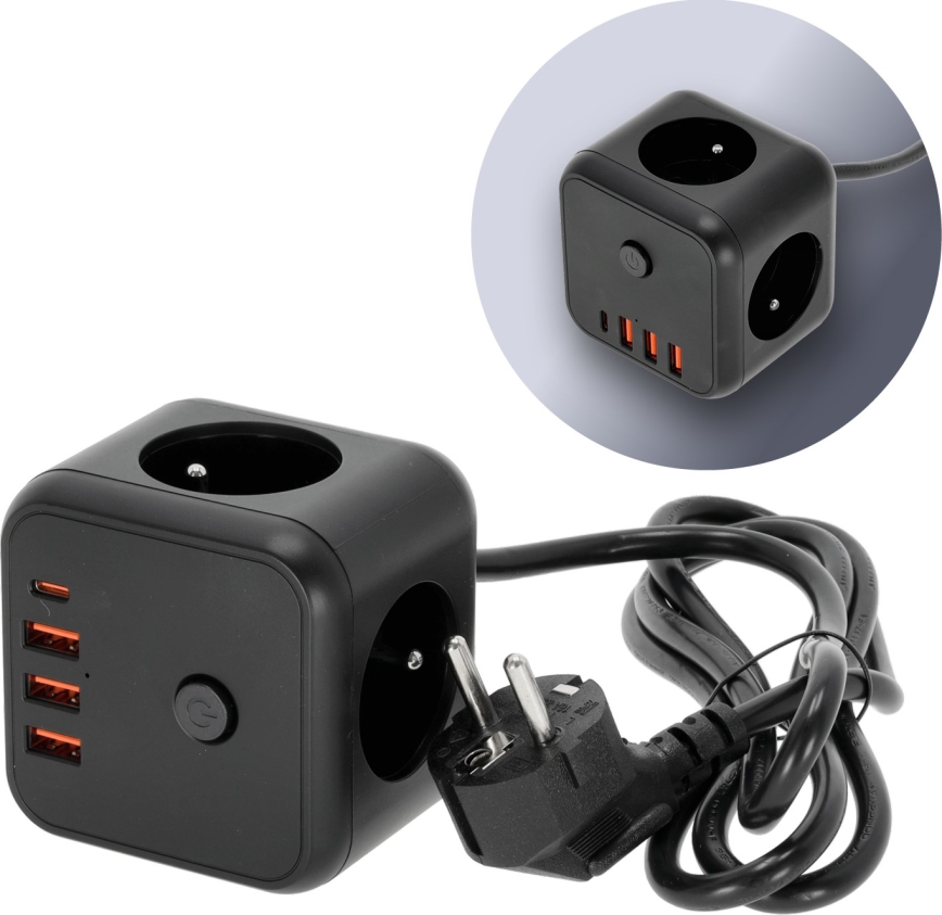 Разклонител куб с превключвател LINEA 3x230V + 4xUSB A/C черен