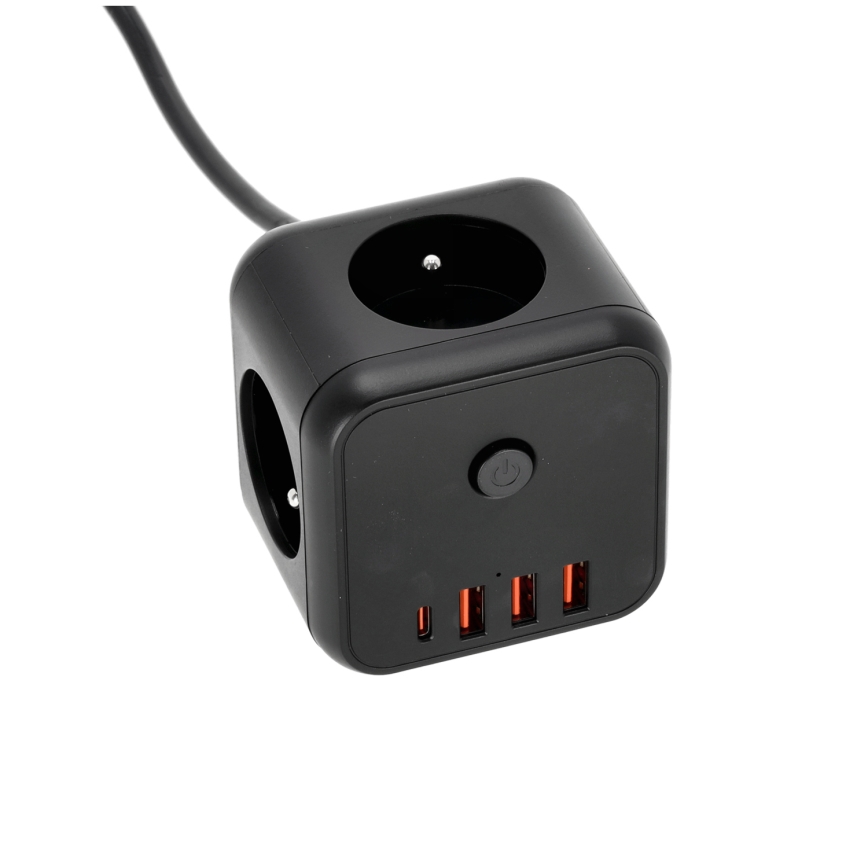 Разклонител куб с превключвател LINEA 3x230V + 4xUSB A/C черен