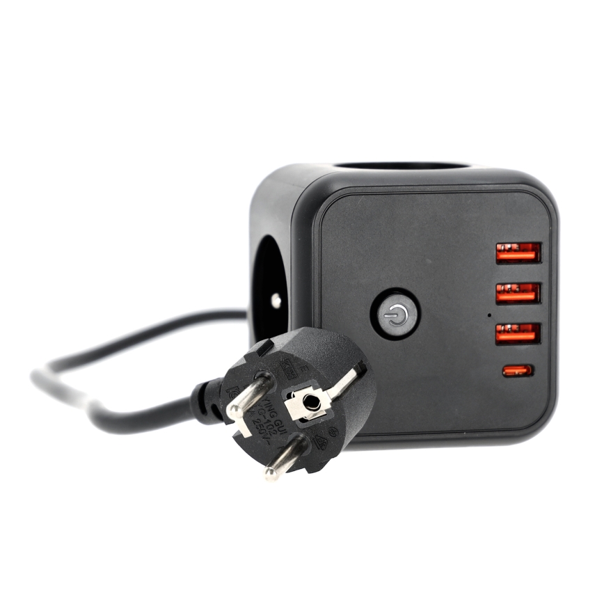 Разклонител куб с превключвател LINEA 3x230V + 4xUSB A/C черен