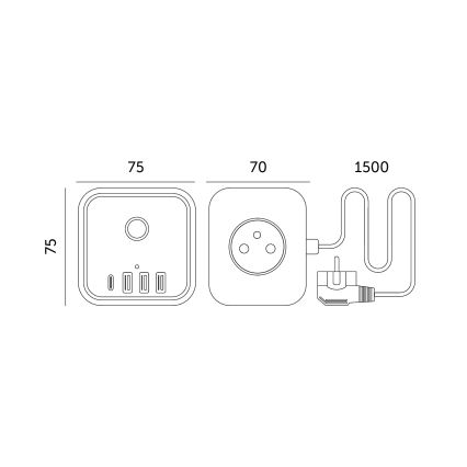 Разклонител куб с превключвател LINEA 3x230V + 4xUSB A/C черен
