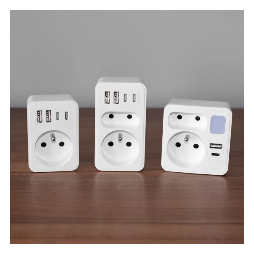 Разклонител с 2 гнезда + USB-C + USB-A с LED осветление LED/0,5W/230V 3000K