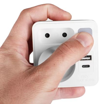 Разклонител с 2 гнезда + USB-C + USB-A с LED осветление LED/0,5W/230V 3000K