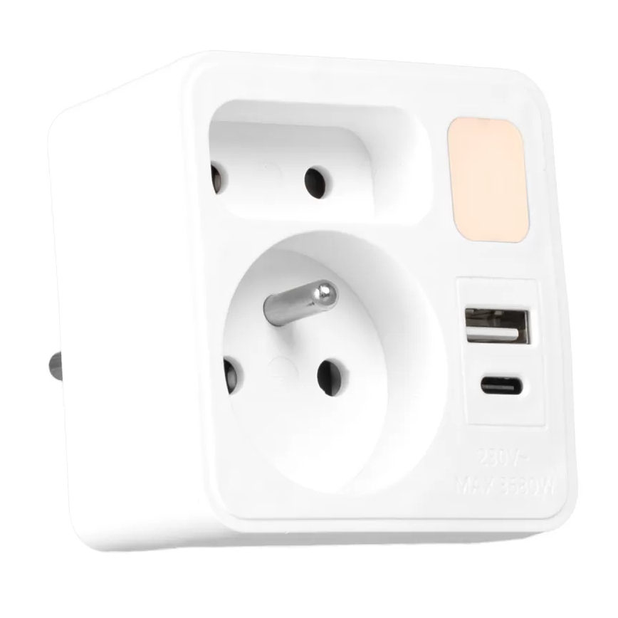Разклонител с 2 гнезда + USB-C + USB-A с LED осветление LED/0,5W/230V 3000K