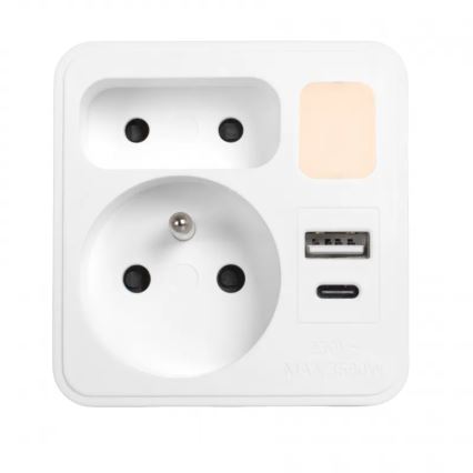 Разклонител с 2 гнезда + USB-C + USB-A с LED осветление LED/0,5W/230V 3000K