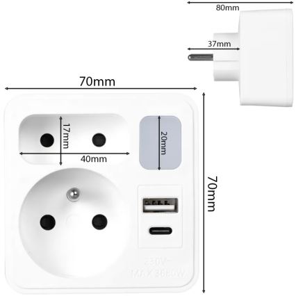 Разклонител с 2 гнезда + USB-C + USB-A с LED осветление LED/0,5W/230V 3000K