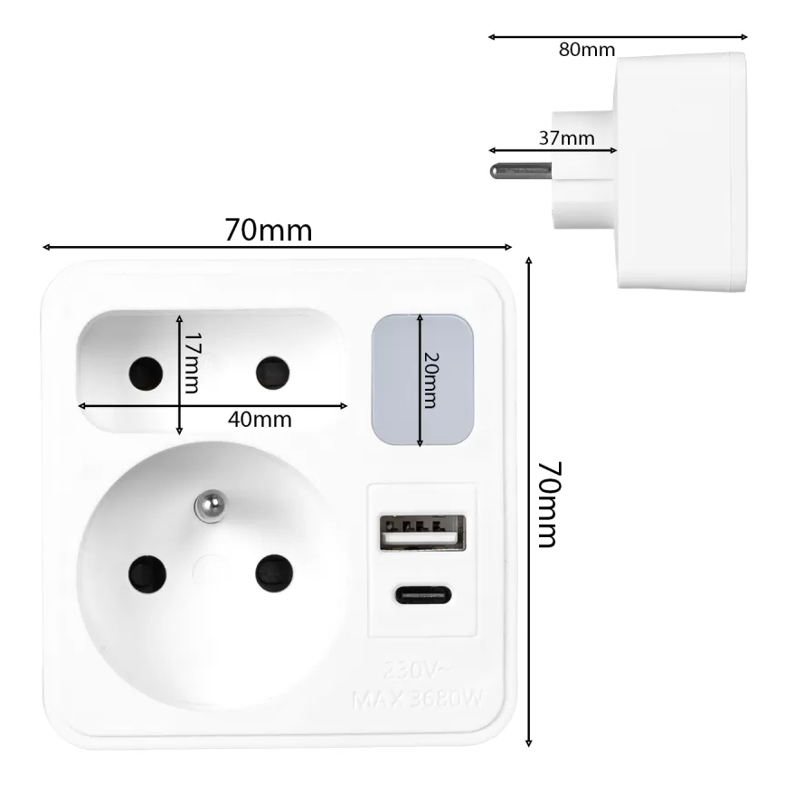 Разклонител с 2 гнезда + USB-C + USB-A с LED осветление LED/0,5W/230V 3000K