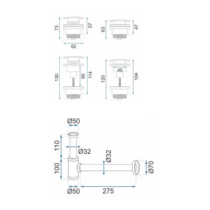 REA-A4400 - Сифон за мивка с CLICK-CLACK изпразнител, диаметър 6,4 см, никел