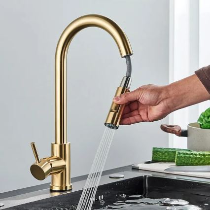 REA-B9148 - Смесител за кухненска мивка с изтегляща се душ-лейка FRESH 39,5 cm четкано злато