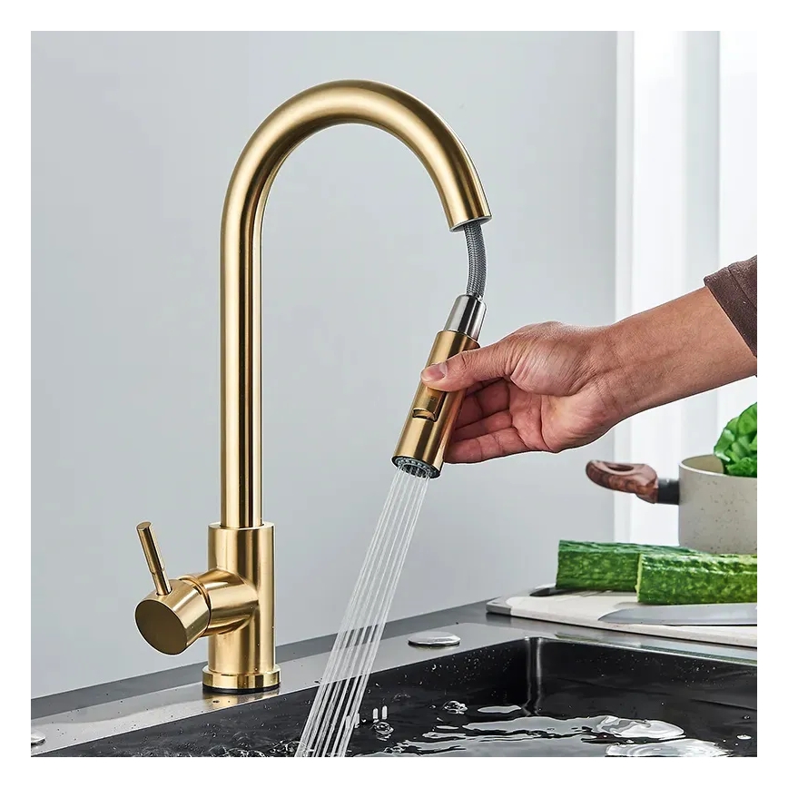 REA-B9148 - Смесител за кухненска мивка с изтегляща се душ-лейка FRESH 39,5 cm четкано злато