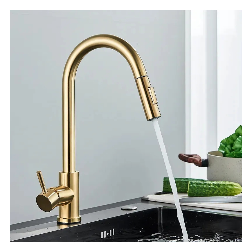 REA-B9148 - Смесител за кухненска мивка с изтегляща се душ-лейка FRESH 39,5 cm четкано злато