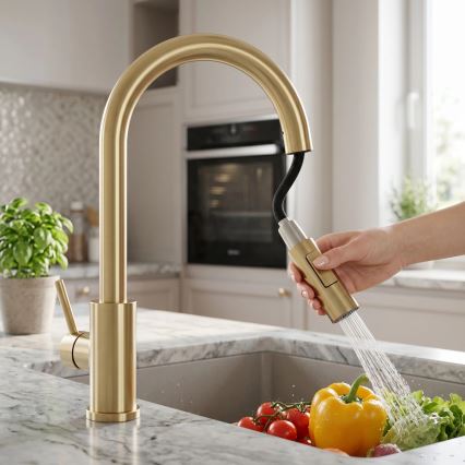 REA-B9842 - Смесител за кухненска мивка с докосване и изтеглящ се душ FRESH TOUCH, 37 см, 4xAA, четкано злато