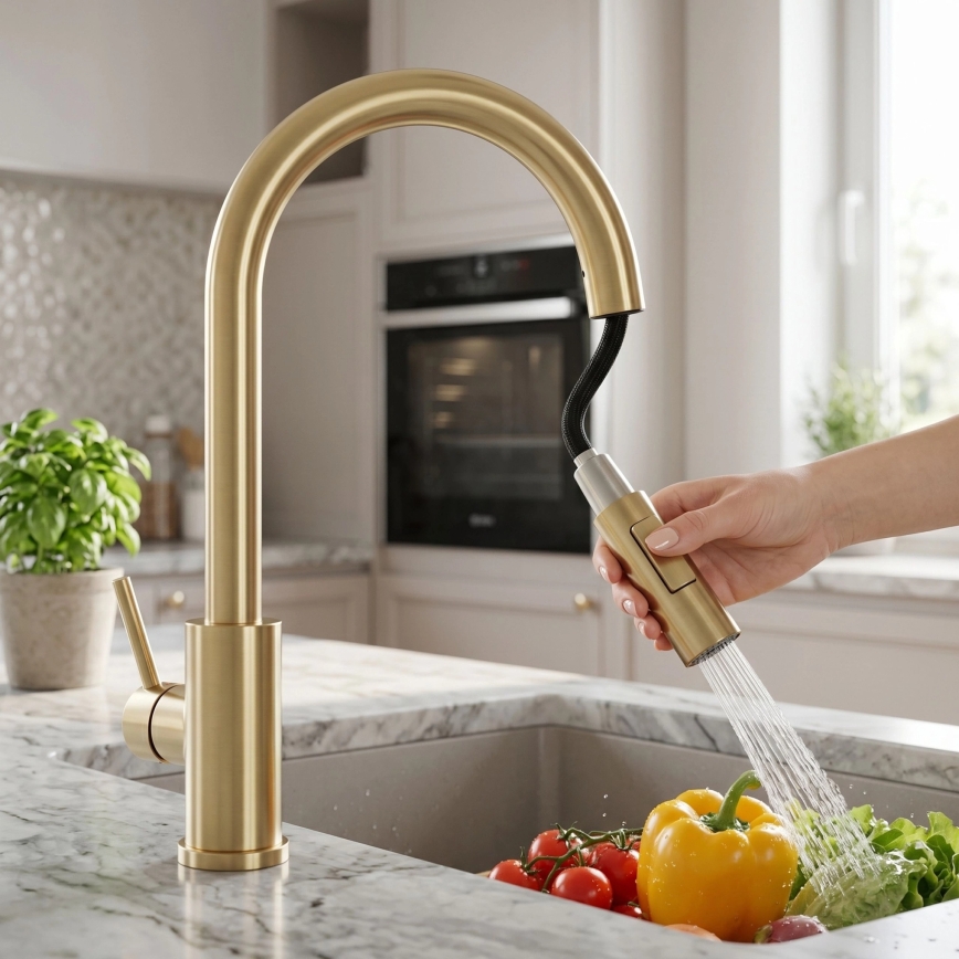 REA-B9842 - Смесител за кухненска мивка с докосване и изтеглящ се душ FRESH TOUCH, 37 см, 4xAA, четкано злато